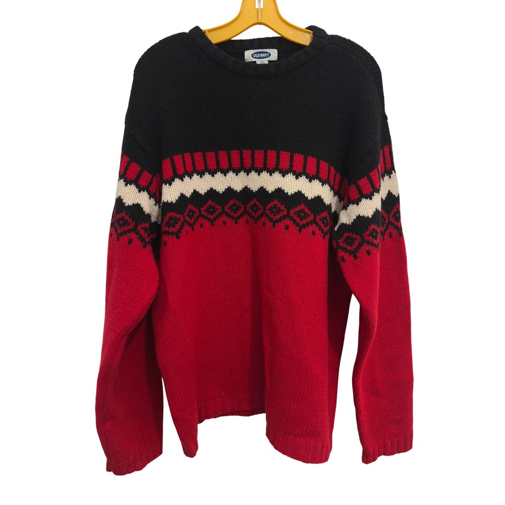 Old Navy Fair Isle Sweater Women's XL Red Black 100% Lambswool Ski